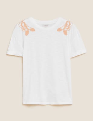 Pure Cotton Embroidered Crew Neck T-Shirt