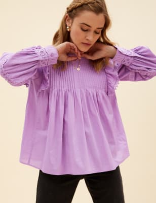 

Womens Per Una Pure Cotton Pintuck Ruffle Long Sleeve Top - Lavender, Lavender