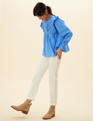 

Womens Per Una Pure Cotton Pintuck Ruffle Long Sleeve Top - Azure Blue, Azure Blue