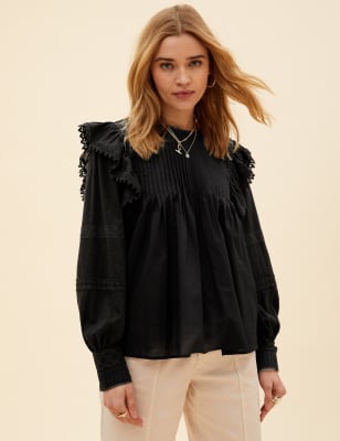 

Womens Per Una Langarmoberteil aus reiner Baumwolle mit Biesen und Volant - Black, Black