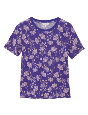 

Womens Per Una Bequemes T-Shirt aus Leinenmischgewebe mit Blumenmuster - Purple Mix, Purple Mix