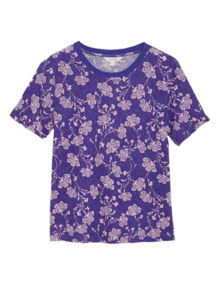 Image of Per Una Womens Linen Blend Floral Relaxed T-Shirt - 6 - Purple Mix, Purple Mix,Ivory Mix,Pink Mix