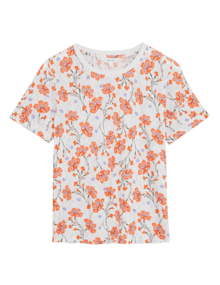 

Womens Per Una Bequemes T-Shirt aus Leinenmischgewebe mit Blumenmuster - Ivory Mix, Ivory Mix
