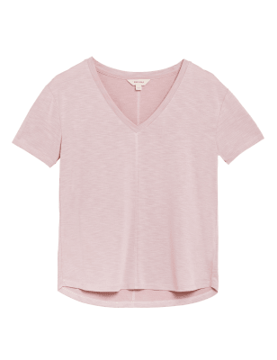 

Womens Per Una Kurzarm-T-Shirt mit hohem Modalanteil und V-Ausschnitt - Pink Shell, Pink Shell