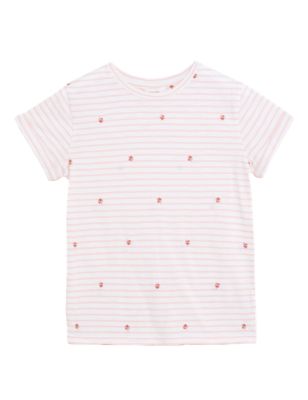 Womens Per Una Pure Cotton Striped Embroidered T-Shirt - Coral Mix
