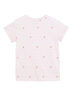 

Womens Per Una Pure Cotton Striped Embroidered T-Shirt - Coral Mix, Coral Mix