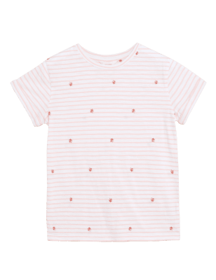 Womens Per Una Pure Cotton Striped Embroidered T-Shirt - Coral Mix