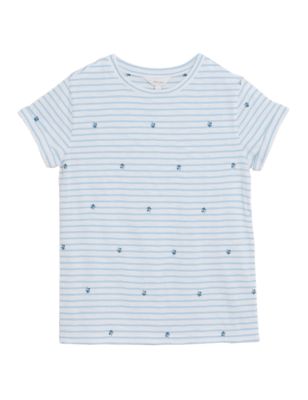 Womens Per Una Pure Cotton Striped Embroidered T-Shirt - Blue Mix