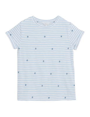 Womens Per Una Pure Cotton Striped Embroidered T-Shirt - Blue Mix