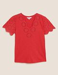 Pure Cotton Broderie V-Neck T-Shirt