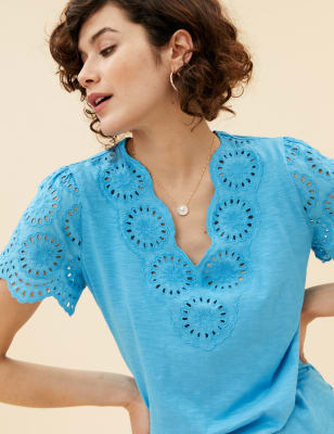 

Womens Per Una Pure Cotton Broderie V-Neck T-Shirt - Turquoise, Turquoise