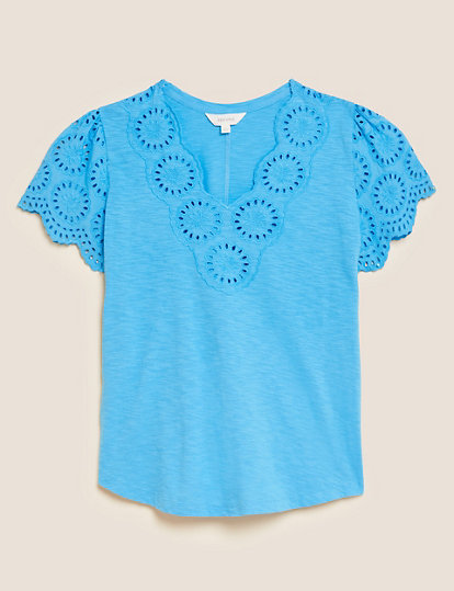 Pure Cotton Broderie V-Neck T-Shirt