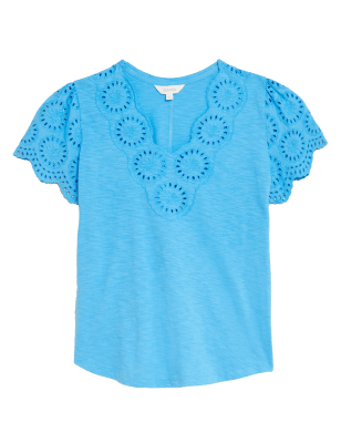 

Womens Per Una Pure Cotton Broderie V-Neck T-Shirt - Turquoise, Turquoise