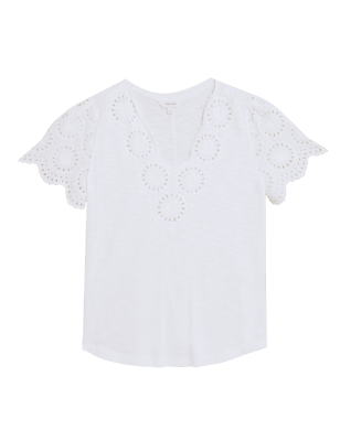 

Womens Per Una Pure Cotton Broderie V-Neck T-Shirt - Ivory, Ivory