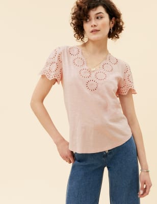 

Womens Per Una Pure Cotton Broderie V-Neck T-Shirt - Pink Shell, Pink Shell