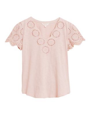 

Womens Per Una Pure Cotton Broderie V-Neck T-Shirt - Pink Shell, Pink Shell