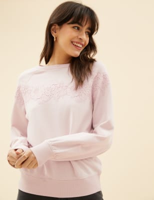 

Womens Per Una Sweatshirt aus reiner Baumwolle mit Spitzeneinsatz - Light Pink, Light Pink