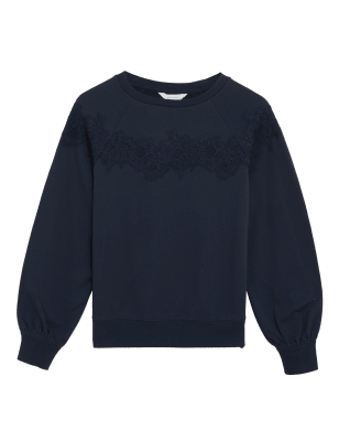 

Womens Per Una Sweatshirt aus reiner Baumwolle mit Spitzeneinsatz - Navy, Navy