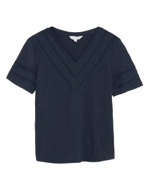 

Womens Per Una Pure Cotton V-Neck Lace Insert T-Shirt - Navy, Navy
