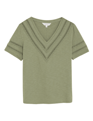 

Womens Per Una Pure Cotton V-Neck Lace Insert T-Shirt - Khaki, Khaki