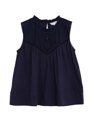 

Womens Per Una Ärmelloses Trägeroberteil aus reiner Baumwolle mit Stickerei - Navy, Navy