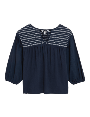 

Womens Per Una Cotton Rich Embroidered 3/4 Sleeve Jersey Top - Navy, Navy