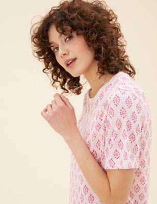 Linen Blend Geometric Short Sleeve T-Shirt - SK