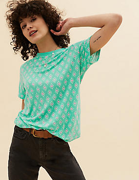T-shirt van linnenmix met korte mouwen en geometrisch motief