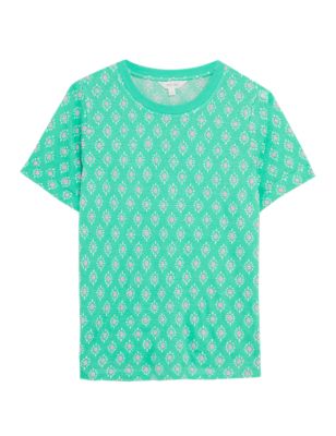 Image of Per Una Womens Linen Blend Geometric Short Sleeve T-Shirt - 8 - Green Mix, Green Mix,Pink Mix