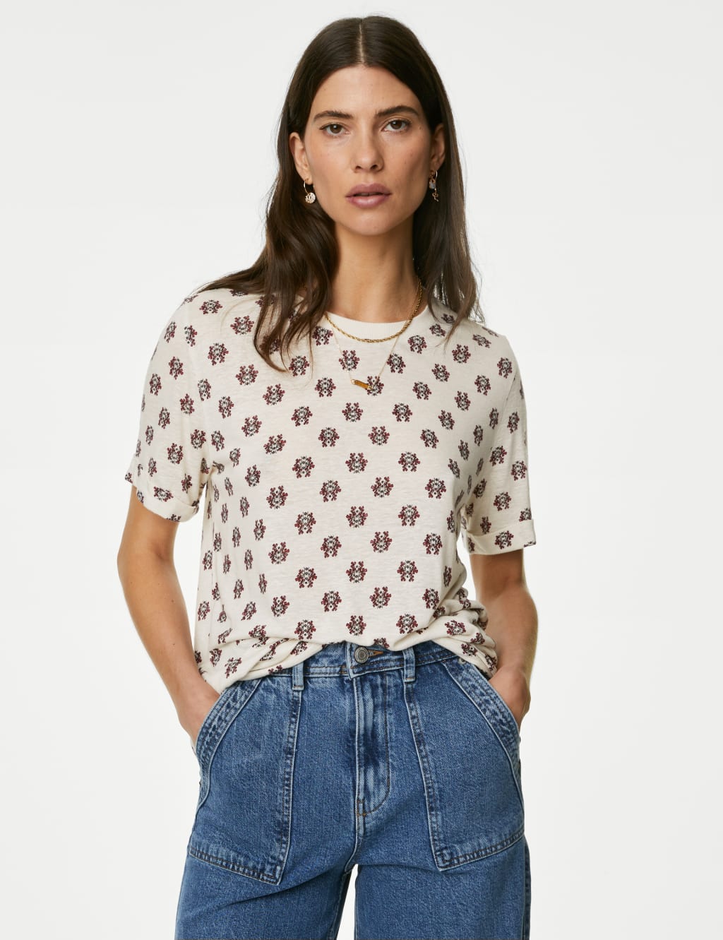 Linen Blend Geometric Short Sleeve T-Shirt image 1