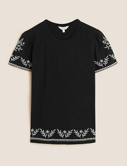 Pure Cotton Embroidered Crew Neck T-Shirt