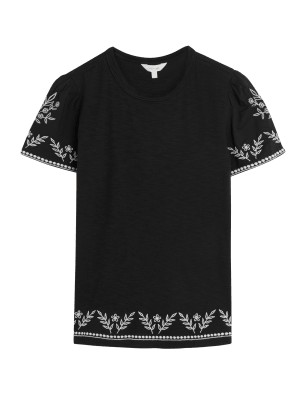 

Womens Per Una Pure Cotton Embroidered Crew Neck T-Shirt - Black, Black