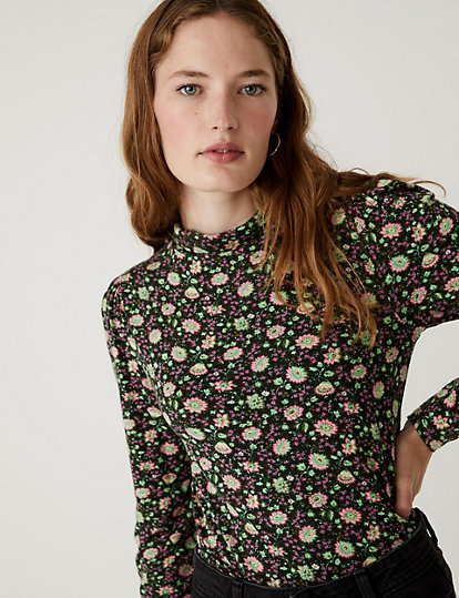 Jersey Floral Funnel Neck Long Sleeve Top
