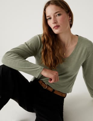 

Womens Per Una Modal Rich V-Neck Long Sleeve Longline Top - Faded Khaki, Faded Khaki