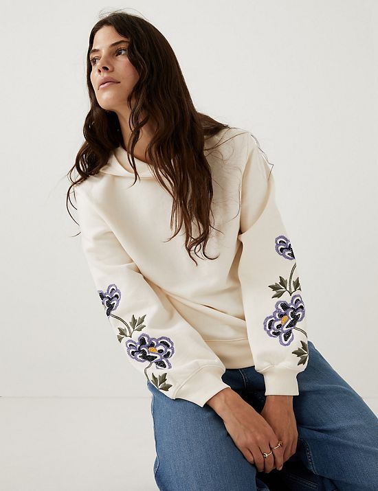 Cotton Rich Floral Embroidered Hoodie