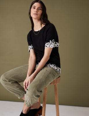 

Womens Per Una Pure Cotton Embroidered T-Shirt - Black, Black