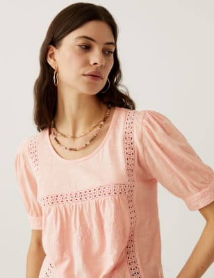 

Womens Per Una Pure Cotton Embroidered Puff Sleeve Top - Pink Shell, Pink Shell