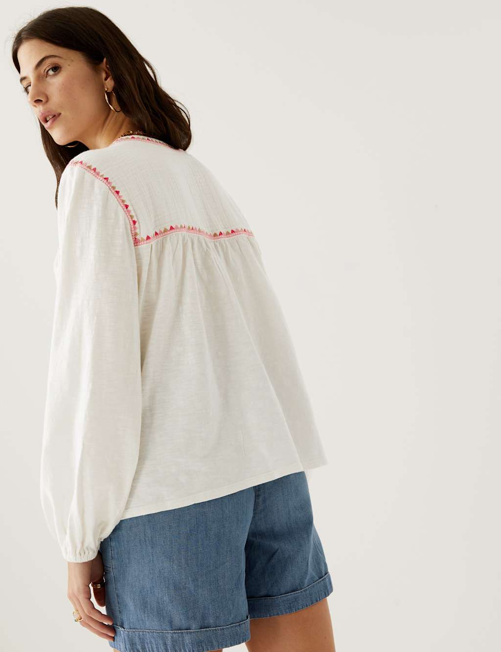 Pure Cotton Embroidered Notch Neck Top image 2