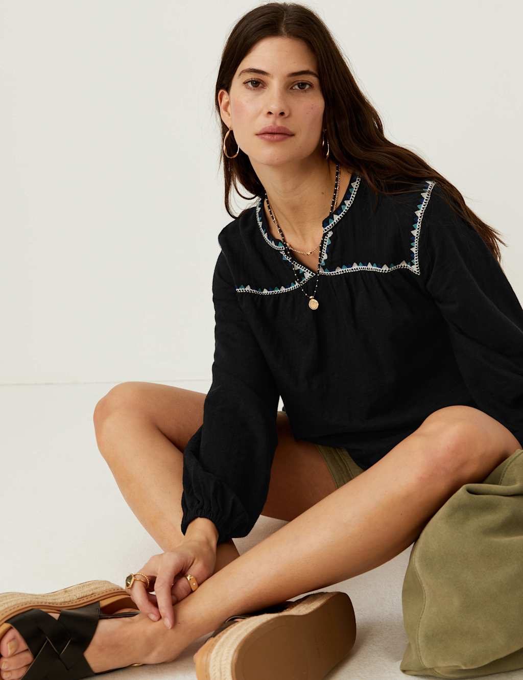 Pure Cotton Embroidered Notch Neck Top image 1