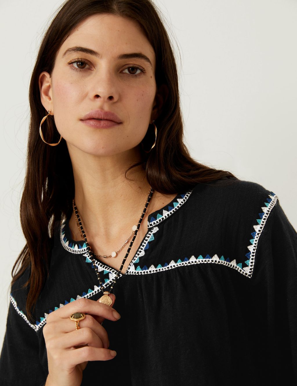Pure Cotton Embroidered Notch Neck Top image 2