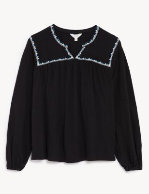 Pure Cotton Embroidered Notch Neck Top