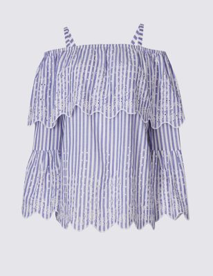 Cotton Rich Striped Bardot Blouse | Per Una | M&S