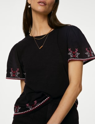 

Womens Per Una Besticktes T-Shirt aus reiner Baumwolle - Black Mix, Black Mix