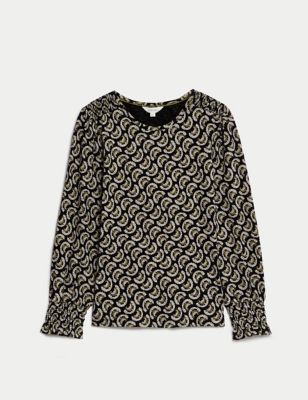 Pure Cotton Printed Shirred Puff Sleeve Top