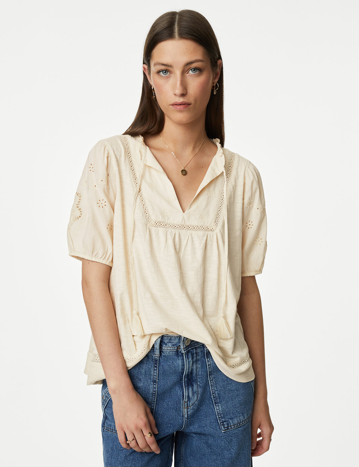 Pure Cotton Broderie Puff Sleeve Top