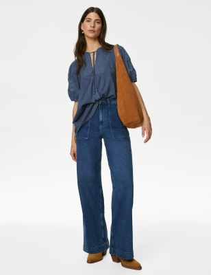 

Per Una Top 100% algodón de manga abullonada con bordadoWomens - Indigo, Indigo