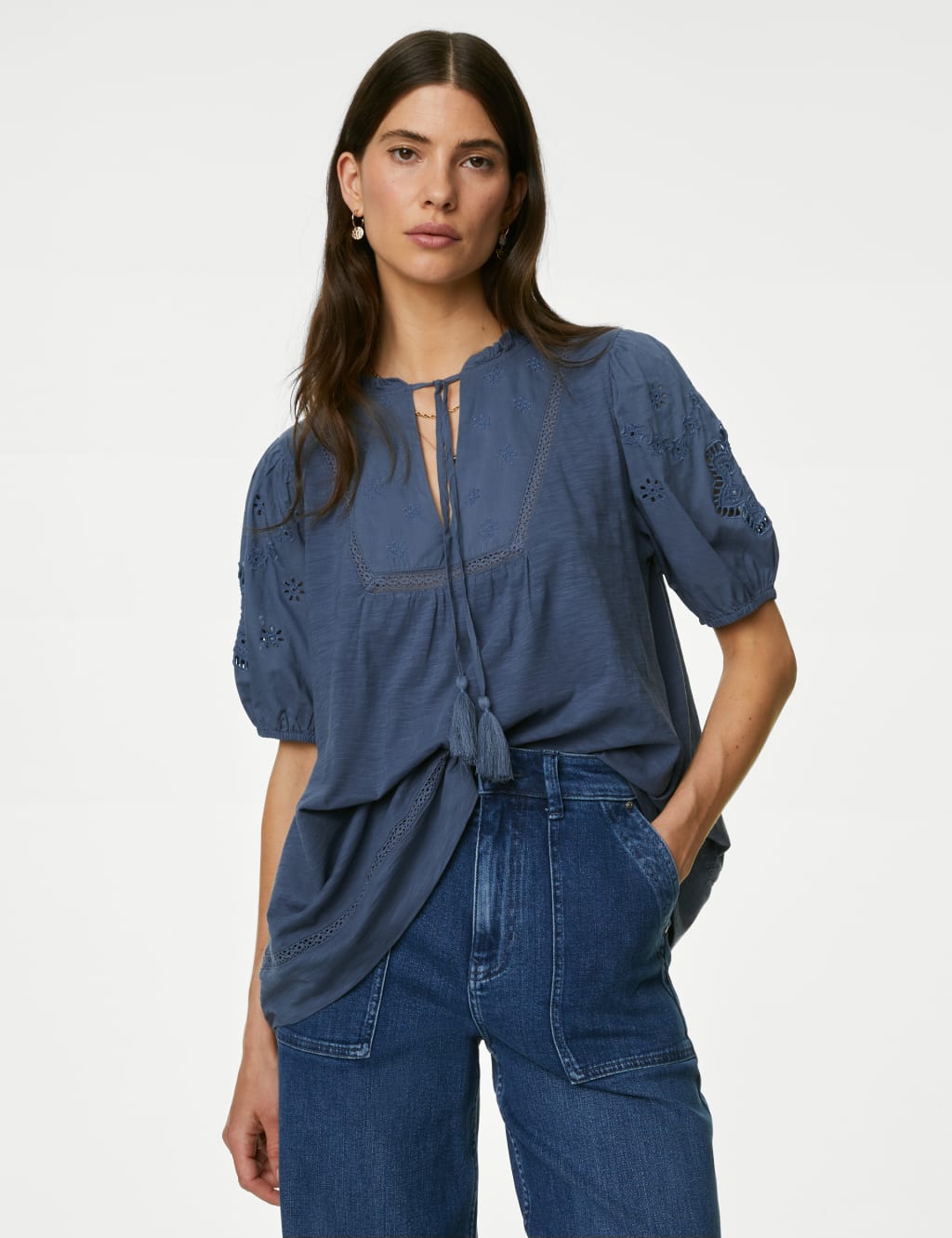 Pure Cotton Broderie Puff Sleeve Top image 3