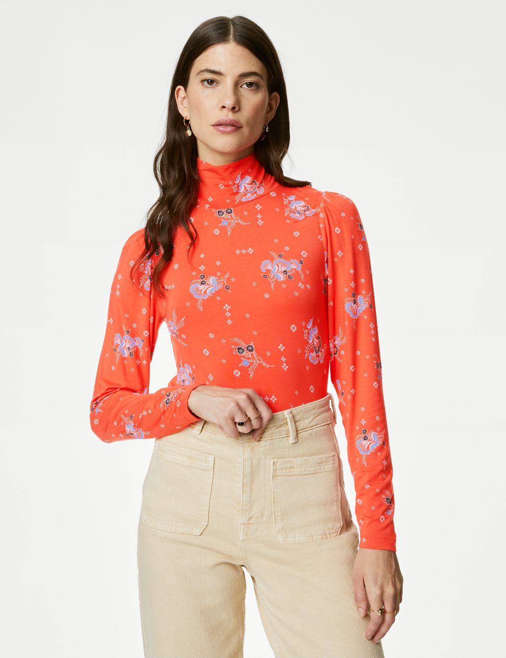 Modal Rich Printed Shirred High Neck Top image 4