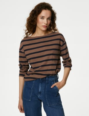 

Womens Per Una Pure Cotton Striped T-Shirt - Brown Mix, Brown Mix