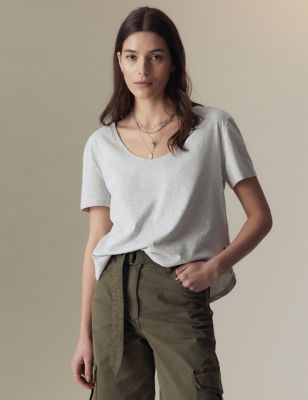 Per Una Womens Pure Cotton Scoop Neck T-Shirt - 8 - Grey Marl, Grey Marl